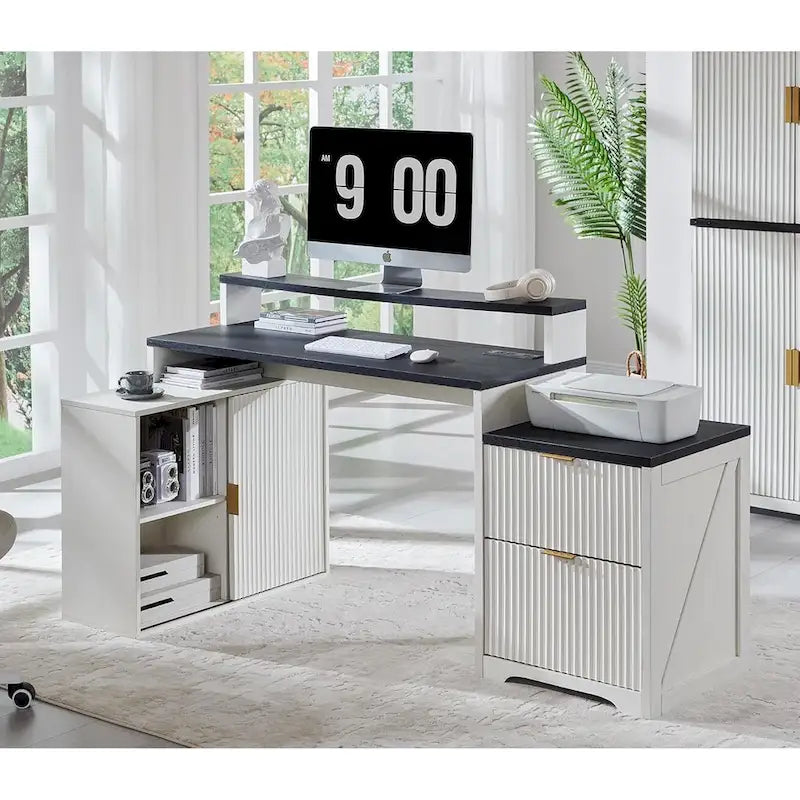 67  Modern L Shaped Desk, Wood Home Office Desk with Charging Station