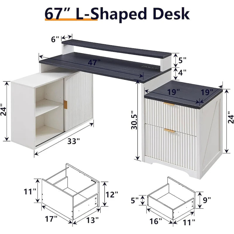 67  Modern L Shaped Desk, Wood Home Office Desk with Charging Station