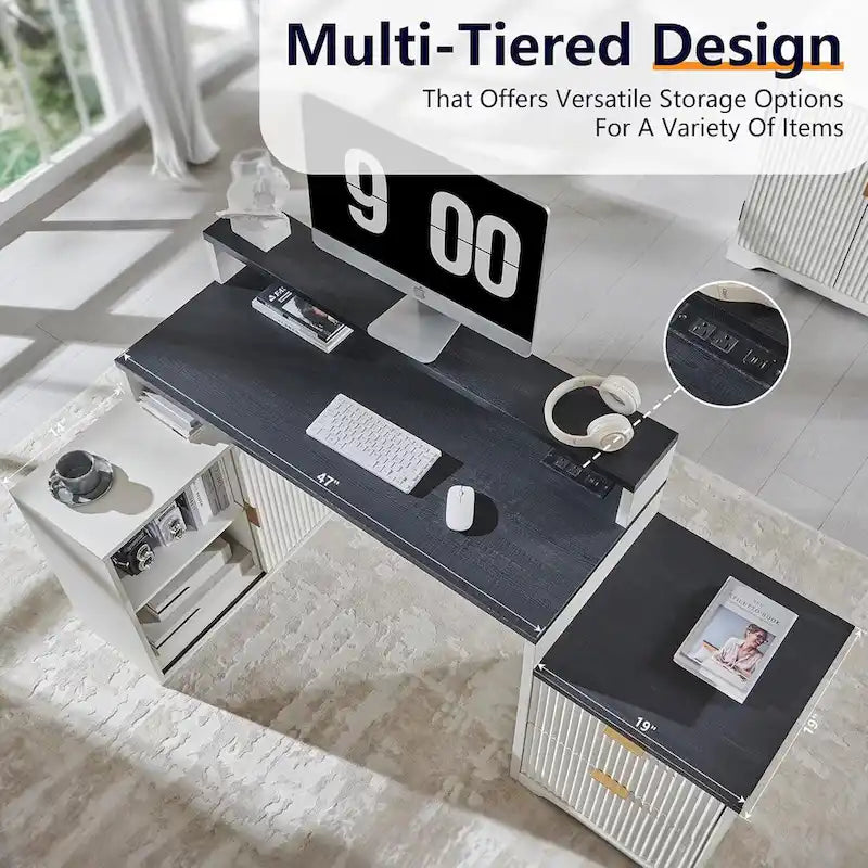 67  Modern L Shaped Desk, Wood Home Office Desk with Charging Station