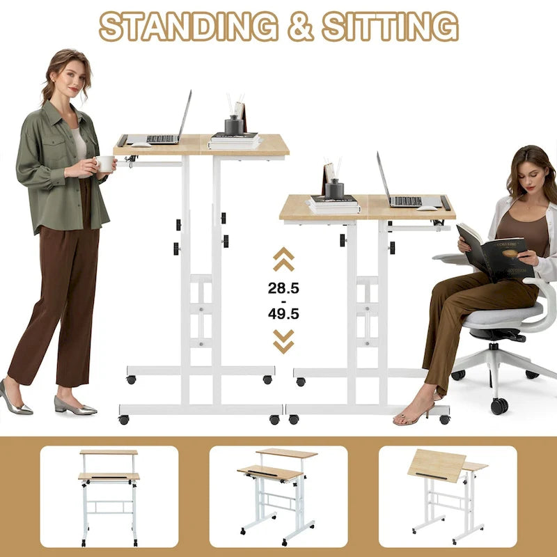 49.5 Inch Portable Rolling Desks, Small Standing Desk Adjustable Height, Mobile Stand Up Desk with Wheels