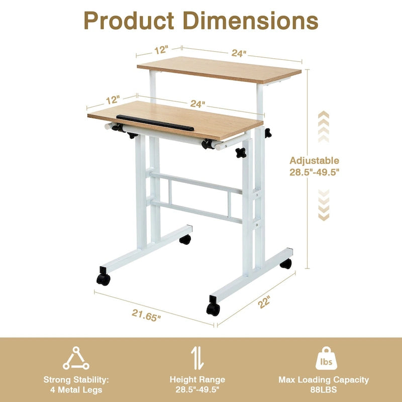 49.5 Inch Portable Rolling Desks, Small Standing Desk Adjustable Height, Mobile Stand Up Desk with Wheels