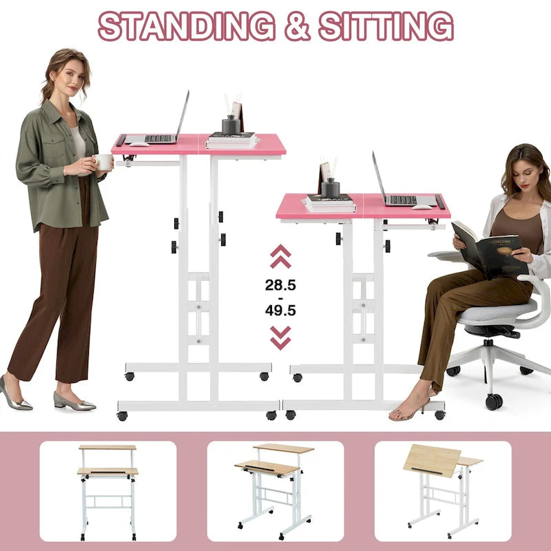 49.5 Inch Portable Rolling Desks, Small Standing Desk Adjustable Height, Mobile Stand Up Desk with Wheels