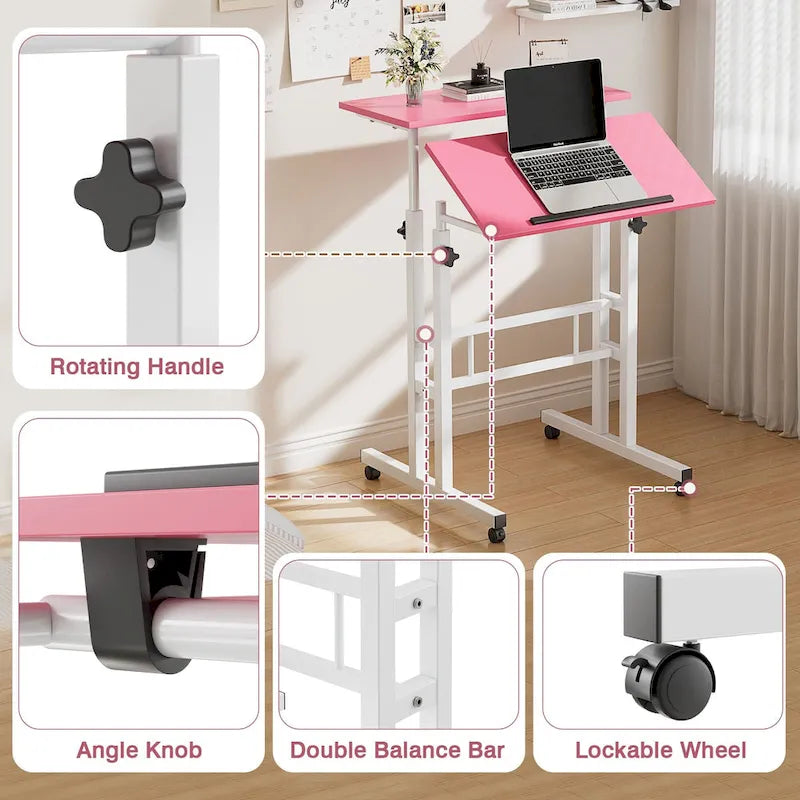 49.5 Inch Portable Rolling Desks, Small Standing Desk Adjustable Height, Mobile Stand Up Desk with Wheels