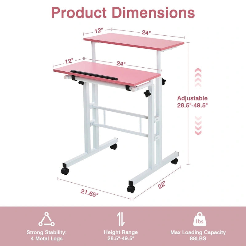 49.5 Inch Portable Rolling Desks, Small Standing Desk Adjustable Height, Mobile Stand Up Desk with Wheels