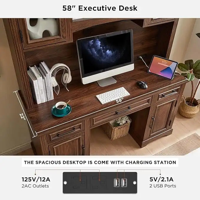 Farmhouse Computer Desk with Hutch,Office Desk with Charging Station
