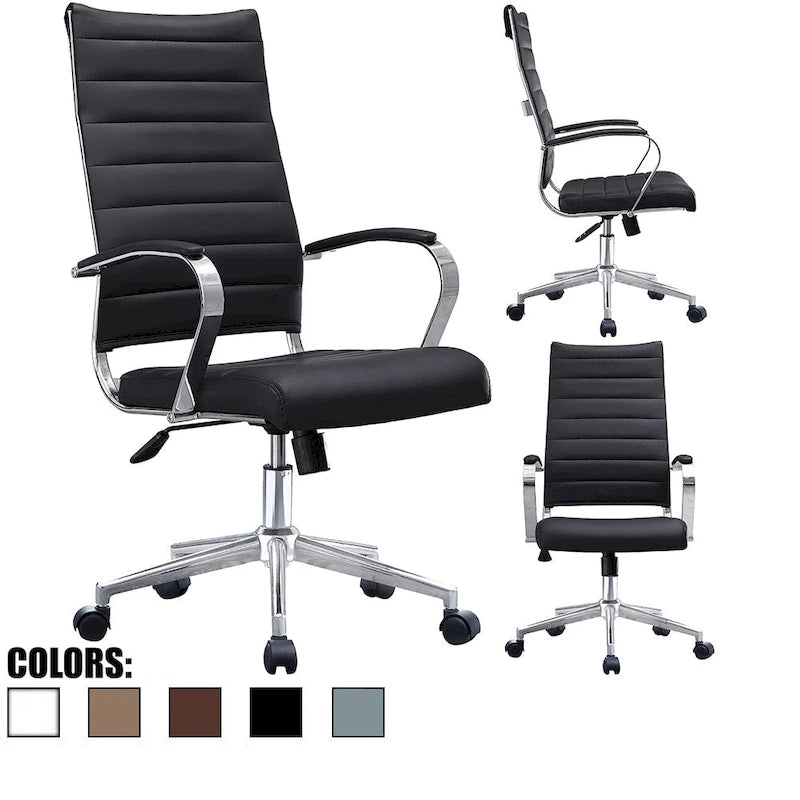 Modern High Back Tall Ribbed Office PU Leather Swivel Tilt Adjustable Cushion Chair Designer Boss Executive