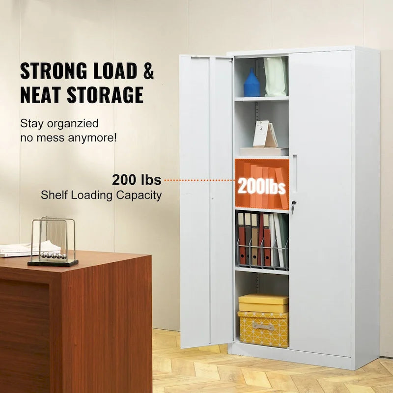 75 Inch Locking Metal Storage Cabinet with 4 Adjustable Shelves and 2 Magnetic Doors