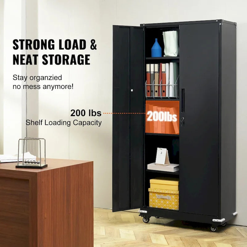 75 Inch Locking Metal Storage Cabinet with 4 Adjustable Shelves and 2 Magnetic Doors