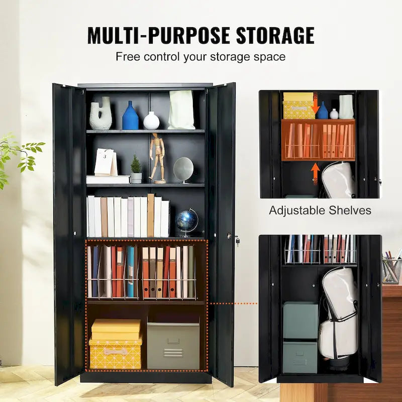 75 Inch Locking Metal Storage Cabinet with 4 Adjustable Shelves and 2 Magnetic Doors