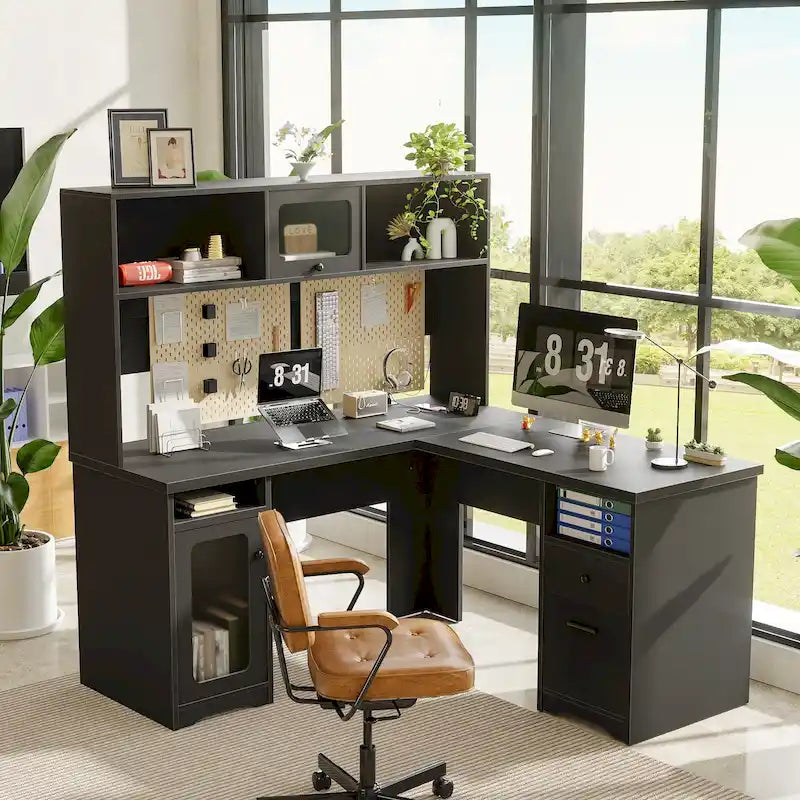 L-shaped Executive Desk Office Computer Table with Top Hutch and Charge Station