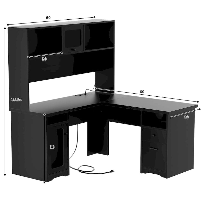 L-shaped Executive Desk Office Computer Table with Top Hutch and Charge Station