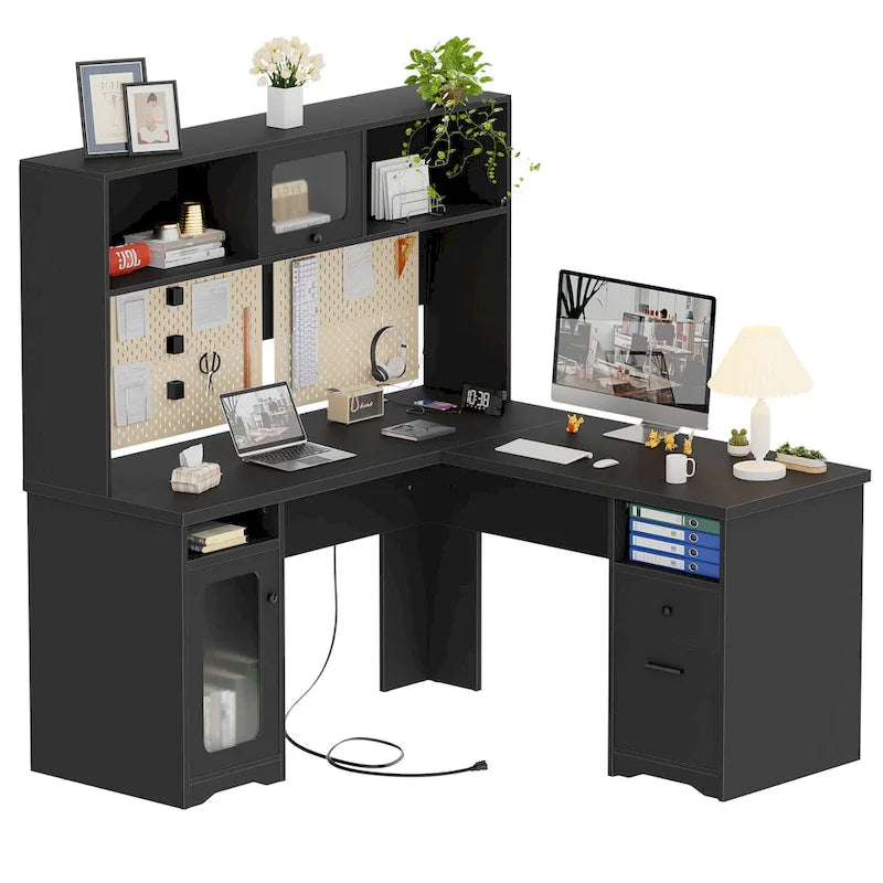 L-shaped Executive Desk Office Computer Table with Top Hutch and Charge Station