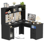 L-shaped Executive Desk Office Computer Table with Top Hutch and Charge Station