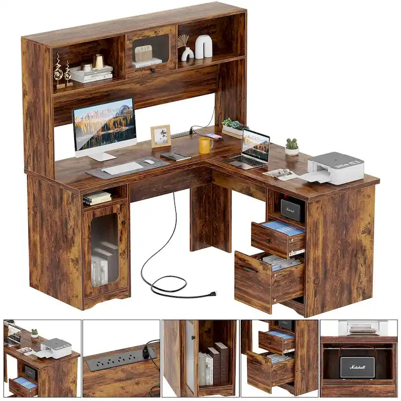 L-shaped Executive Desk Office Computer Table with Top Hutch and Charge Station