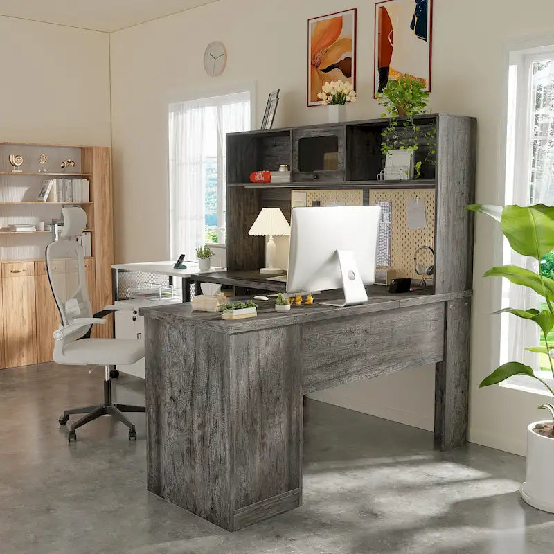 L-shaped Executive Desk Office Computer Table with Top Hutch and Charge Station