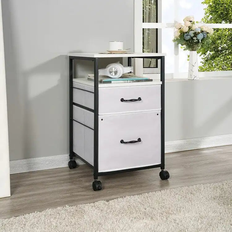 2 Drawer Mobile File Cabinet Rolling Printer Stand with Open Storage Shelf Fabric Vertical Filing Cabinet