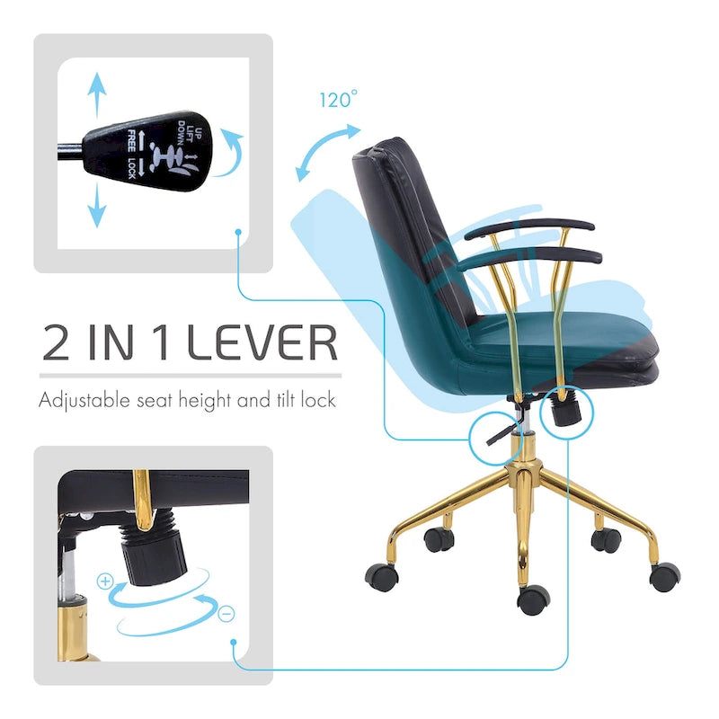 Porthos Home Tilly Office Chair, PU Leather, Gold Chrome Roller Base