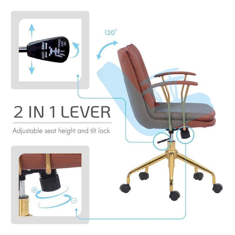 Porthos Home Tilly Office Chair, PU Leather, Gold Chrome Roller Base