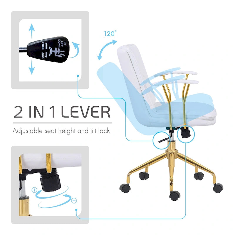 Porthos Home Tilly Office Chair, PU Leather, Gold Chrome Roller Base