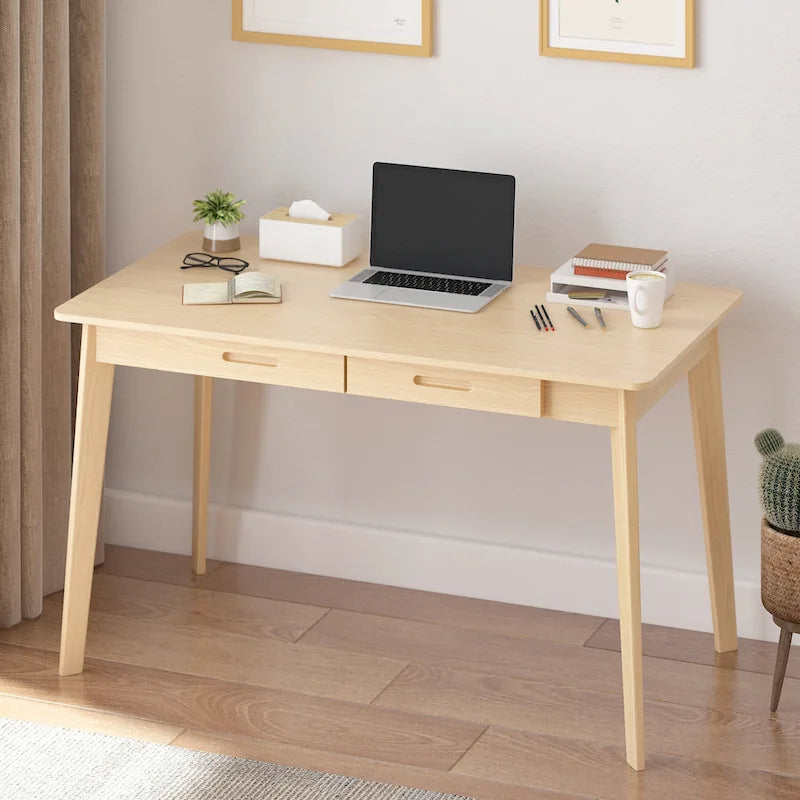 Timechee Beige Wooden Computer Desk, 47  Writing Desk with 2 Drawers