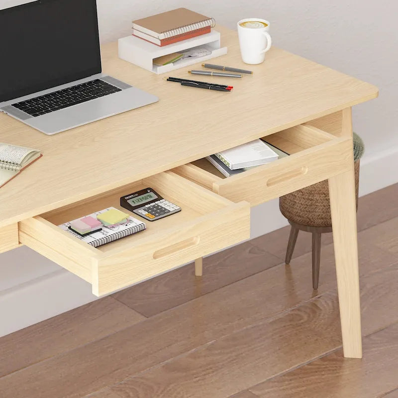Timechee Beige Wooden Computer Desk, 47  Writing Desk with 2 Drawers
