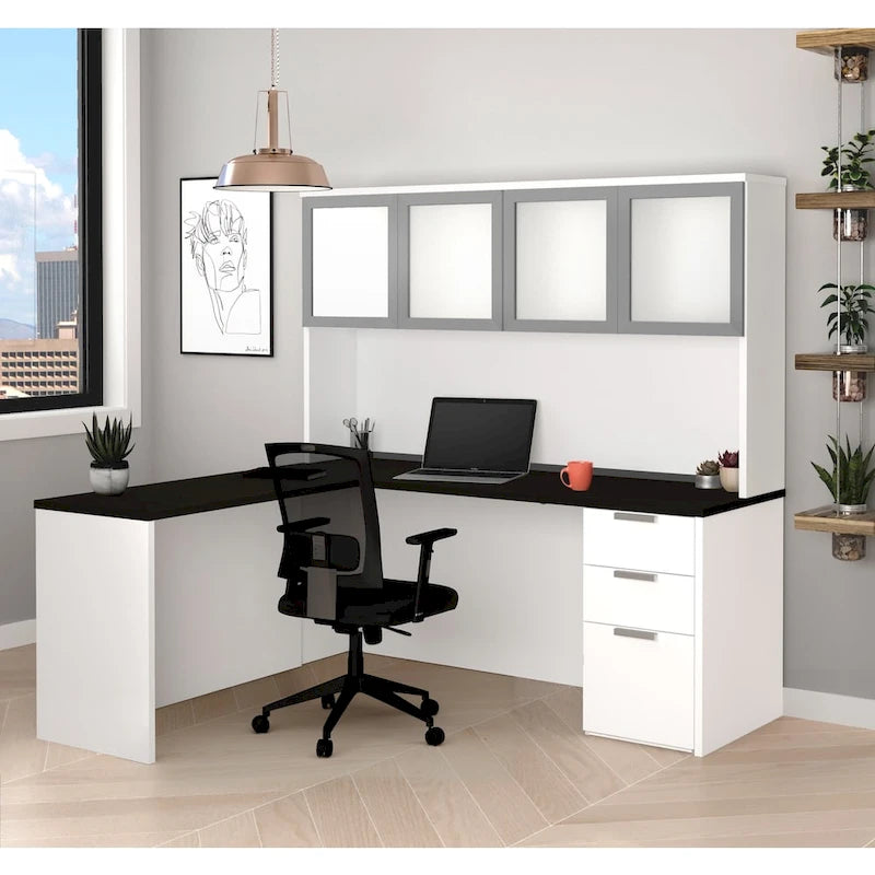 Bestar Pro-Concept Plus L-Desk with Frosted Glass Door Hutch