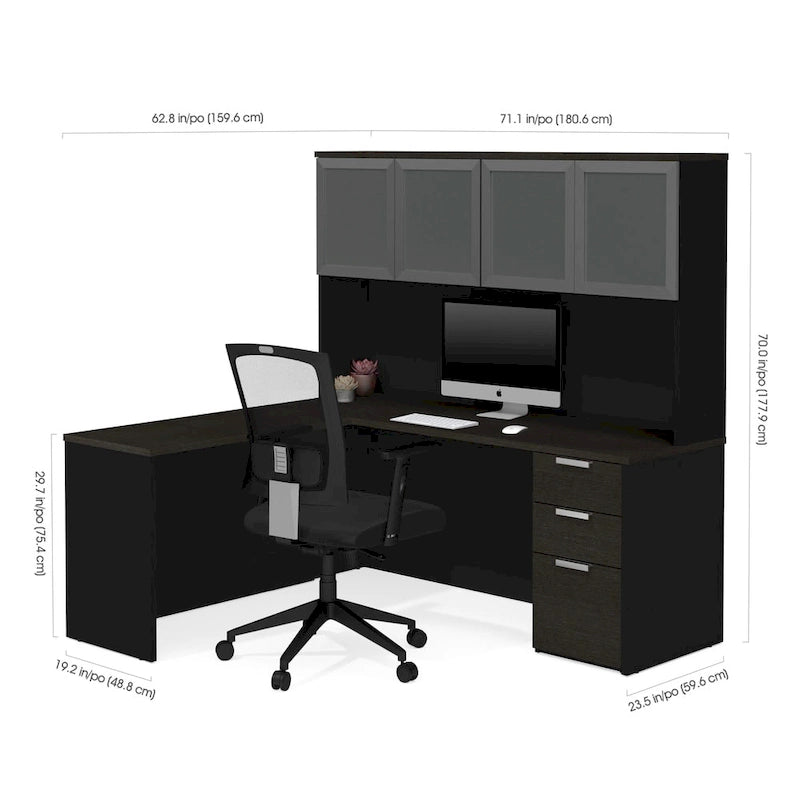 Bestar Pro-Concept Plus L-Desk with Frosted Glass Door Hutch