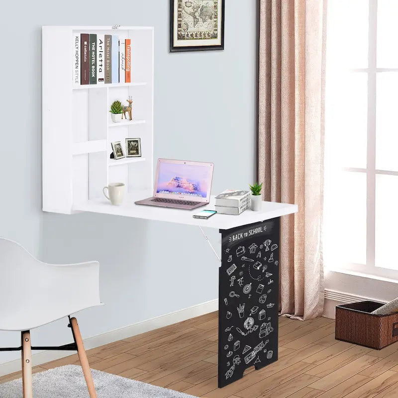 HOMCOM Wall Mounted Foldable Desk: Blackboard, Book Storage - Space Saving