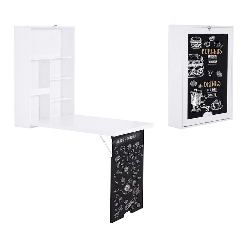 HOMCOM Wall Mounted Foldable Desk: Blackboard, Book Storage - Space Saving