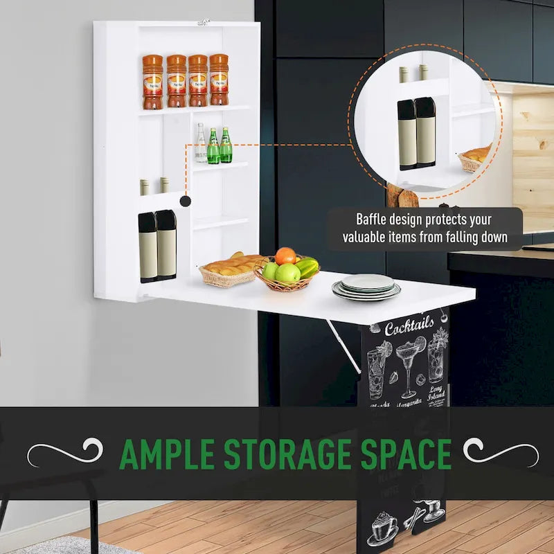 HOMCOM Wall Mounted Foldable Desk: Blackboard, Book Storage - Space Saving