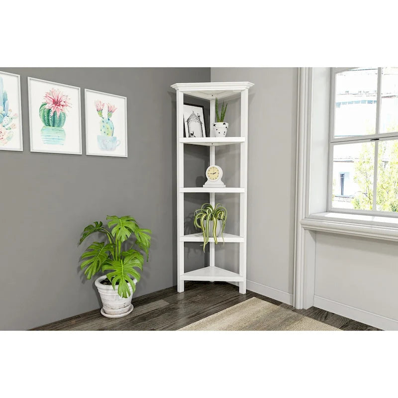 Edenton Tall Wood Corner Bookcase with 4 Shelves, White