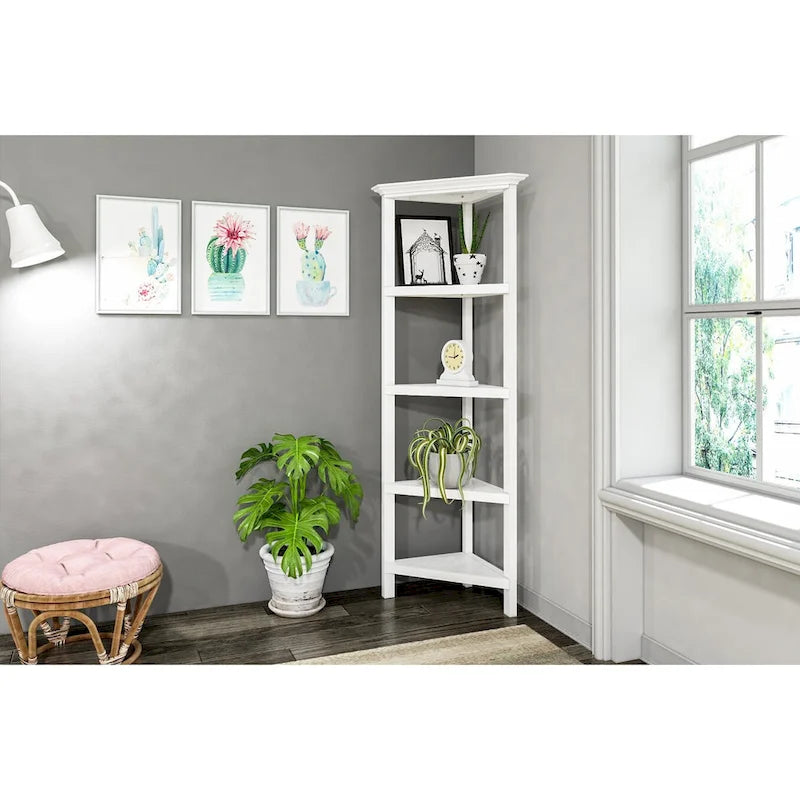 Edenton Tall Wood Corner Bookcase with 4 Shelves, White