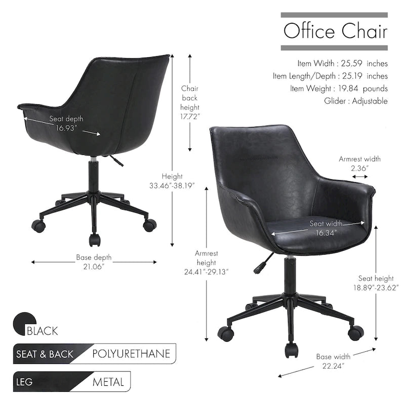 Porthos Home Jamar PU Leather Office Chair with Metal Roller Base