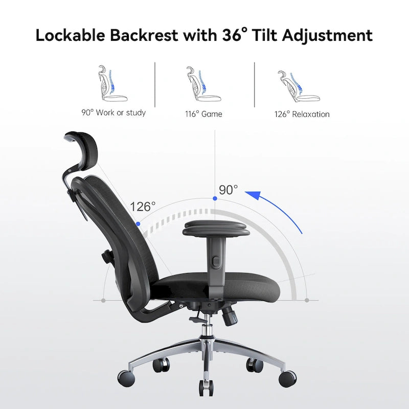 SIHOO Ergonomic Office Chair with Adjustable Lumbar Support, High Back chair for big and tall, Black - 68*70*130