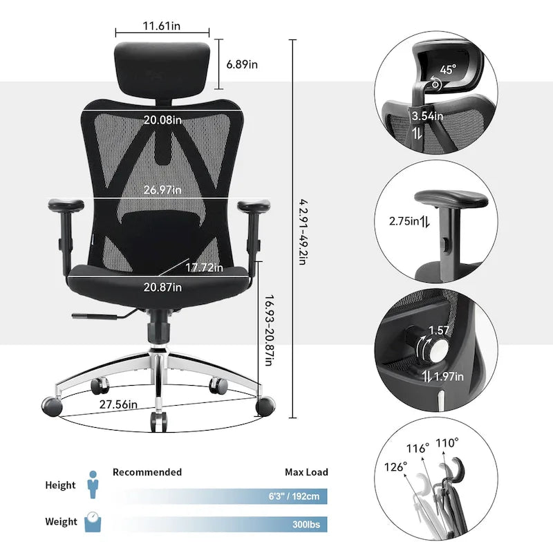 SIHOO Ergonomic Office Chair with Adjustable Lumbar Support, High Back chair for big and tall, Black - 68*70*130