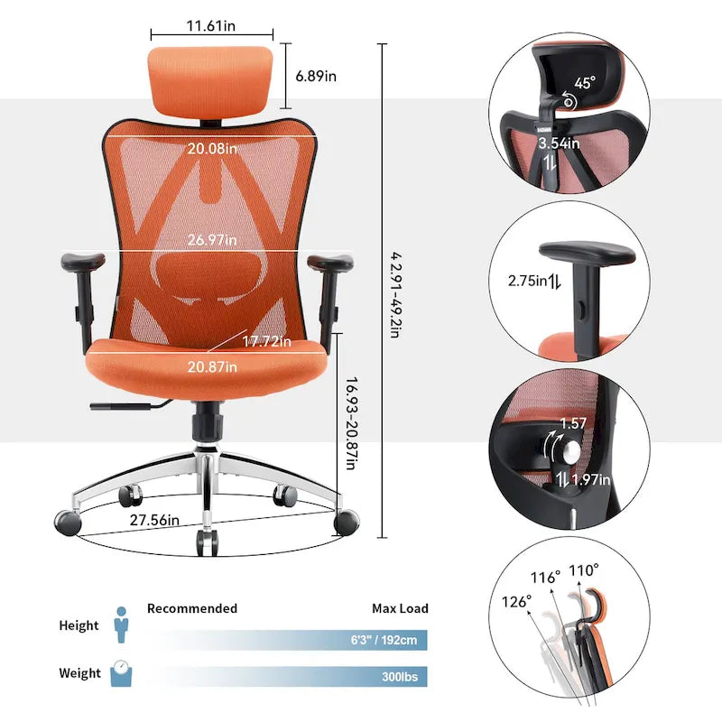 SIHOO Ergonomic Office Chair with Adjustable Lumbar Support, High Back chair for big and tall, Black - 68*70*130