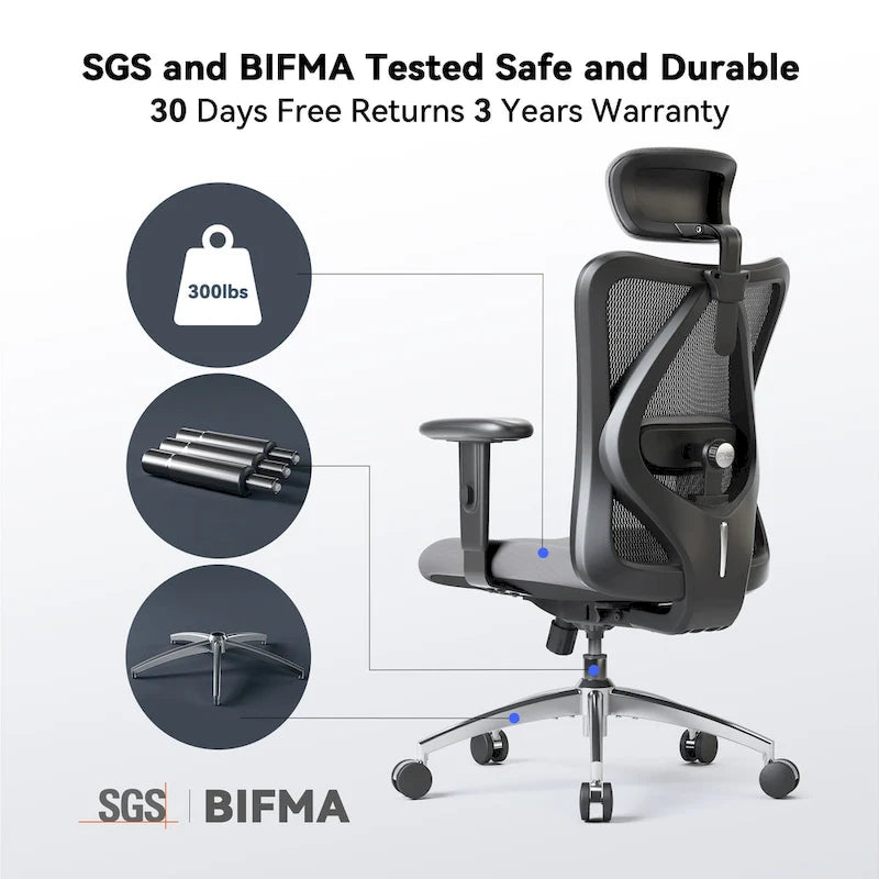 SIHOO Ergonomic Office Chair with Adjustable Lumbar Support, High Back chair for big and tall, Black - 68*70*130