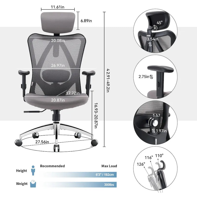 SIHOO Ergonomic Office Chair with Adjustable Lumbar Support, High Back chair for big and tall, Black - 68*70*130