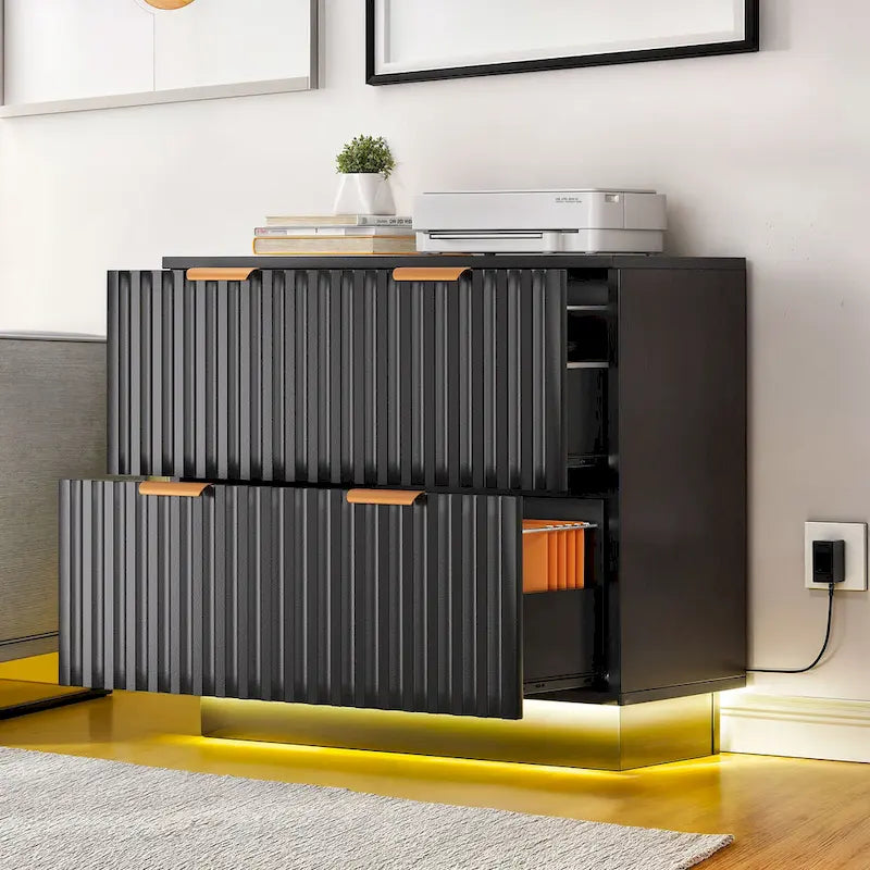 Moasis 2 Drawers File Cabinet LED Lighting Lateral Filing Cabinet for Home Office