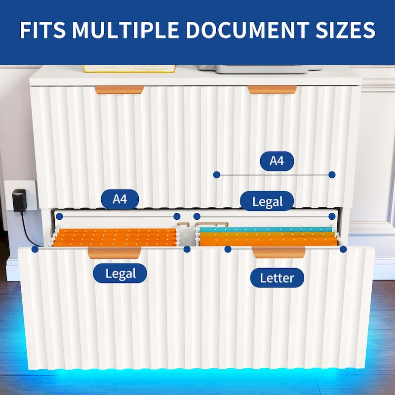 Moasis 2 Drawers File Cabinet LED Lighting Lateral Filing Cabinet for Home Office