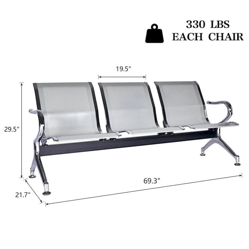 Kinbor 3-Seat Airport Reception Waiting Chair Bank Salon Barbershop Bench Guest Chair