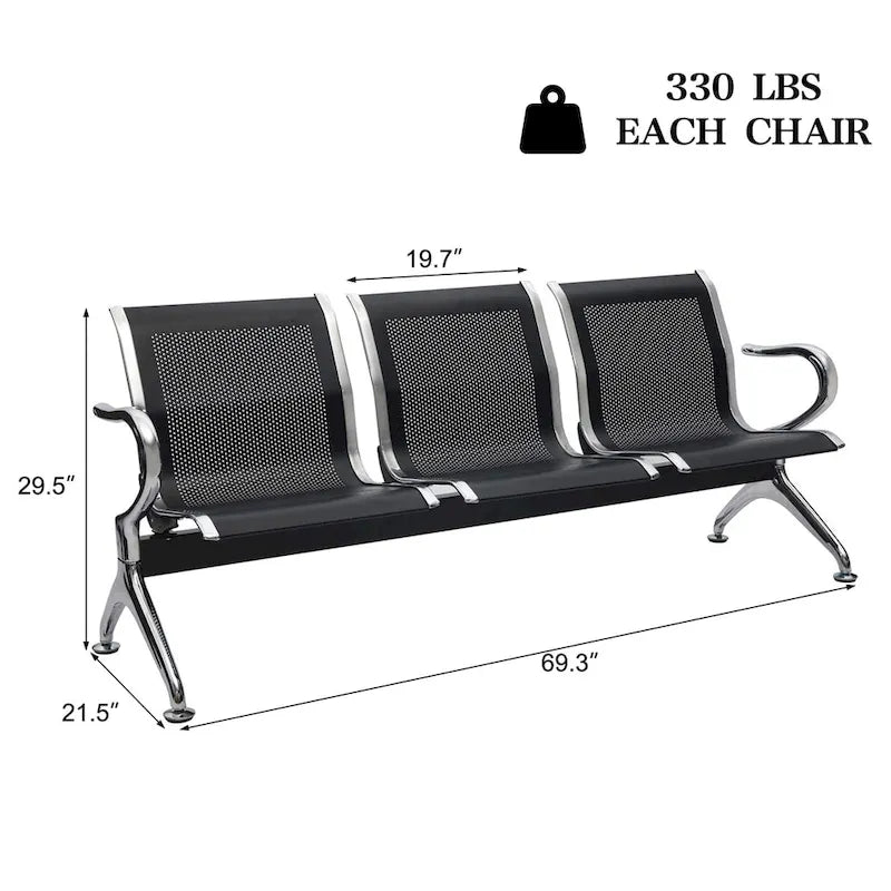 Kinbor 3-Seat Airport Reception Waiting Chair Bank Salon Barbershop Bench Guest Chair