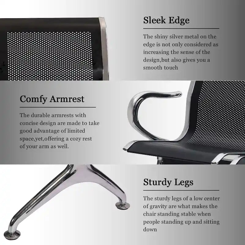 Kinbor 3-Seat Airport Reception Waiting Chair Bank Salon Barbershop Bench Guest Chair