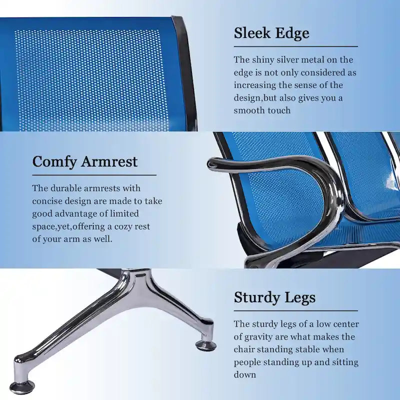 Kinbor 3-Seat Airport Reception Waiting Chair Bank Salon Barbershop Bench Guest Chair