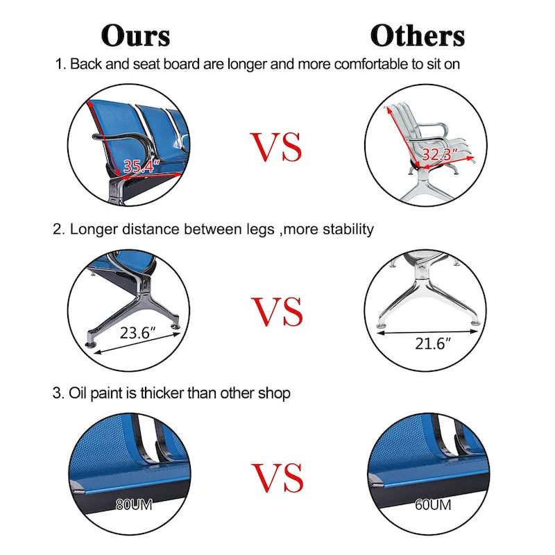 Kinbor 3-Seat Airport Reception Waiting Chair Bank Salon Barbershop Bench Guest Chair