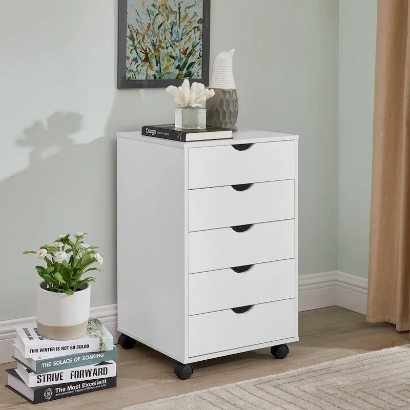 Portable Wooden 5-Drawer Cabinet with 360 Wheels, Easy Pullout Design, and Extra Top Storage