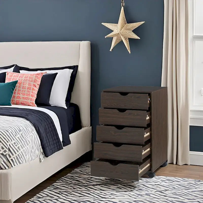 Portable Wooden 5-Drawer Cabinet with 360 Wheels, Easy Pullout Design, and Extra Top Storage