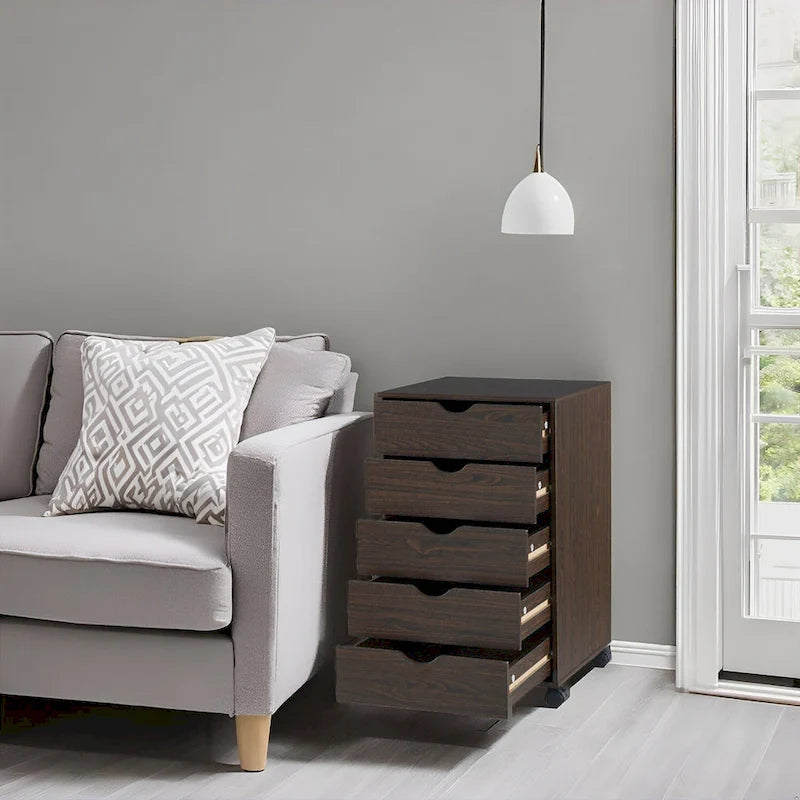 Portable Wooden 5-Drawer Cabinet with 360 Wheels, Easy Pullout Design, and Extra Top Storage