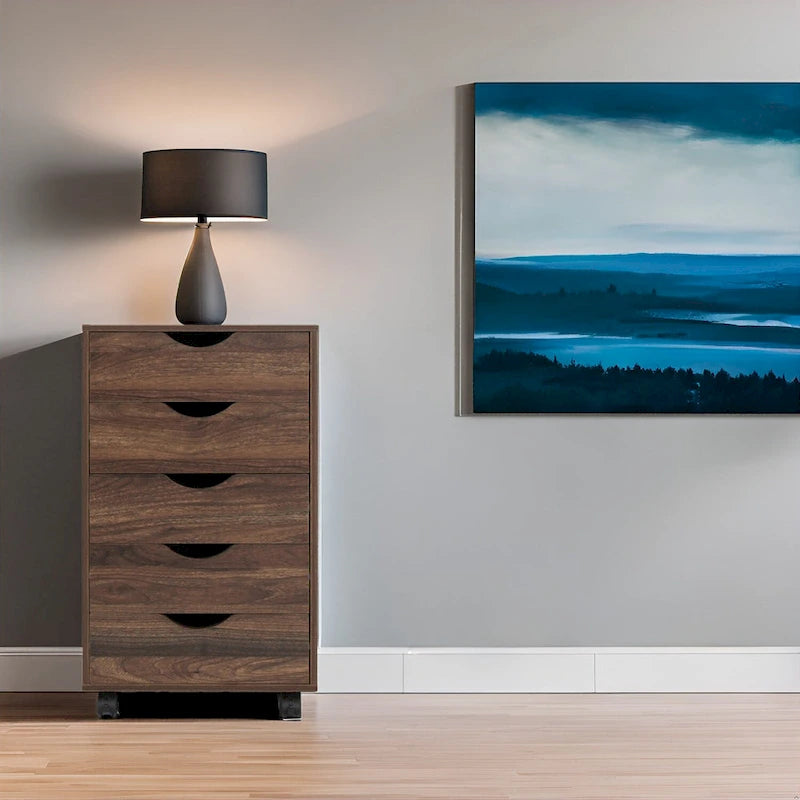 Portable Wooden 5-Drawer Cabinet with 360 Wheels, Easy Pullout Design, and Extra Top Storage