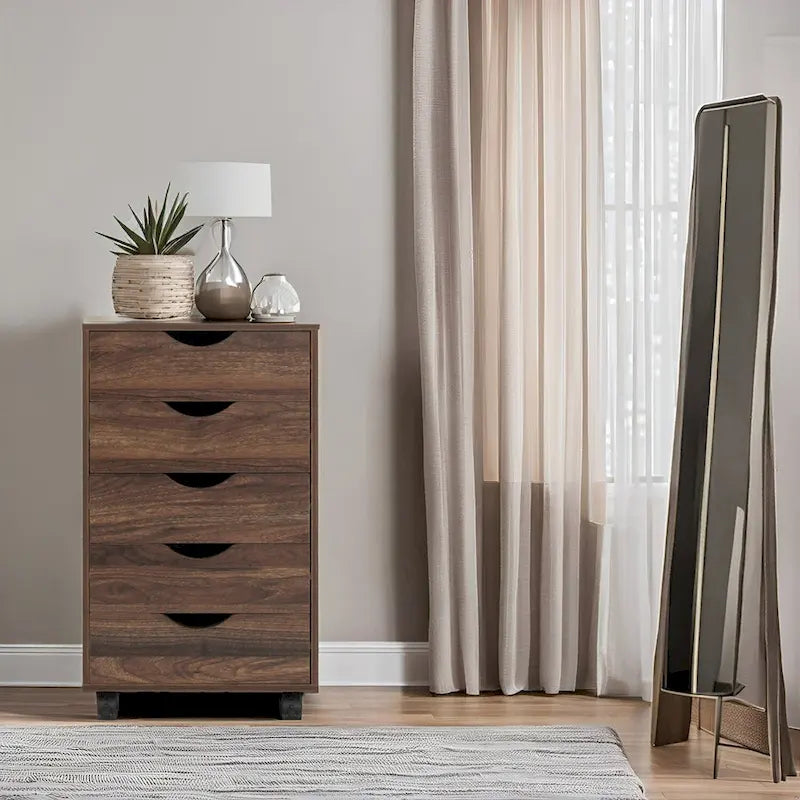 Portable Wooden 5-Drawer Cabinet with 360 Wheels, Easy Pullout Design, and Extra Top Storage